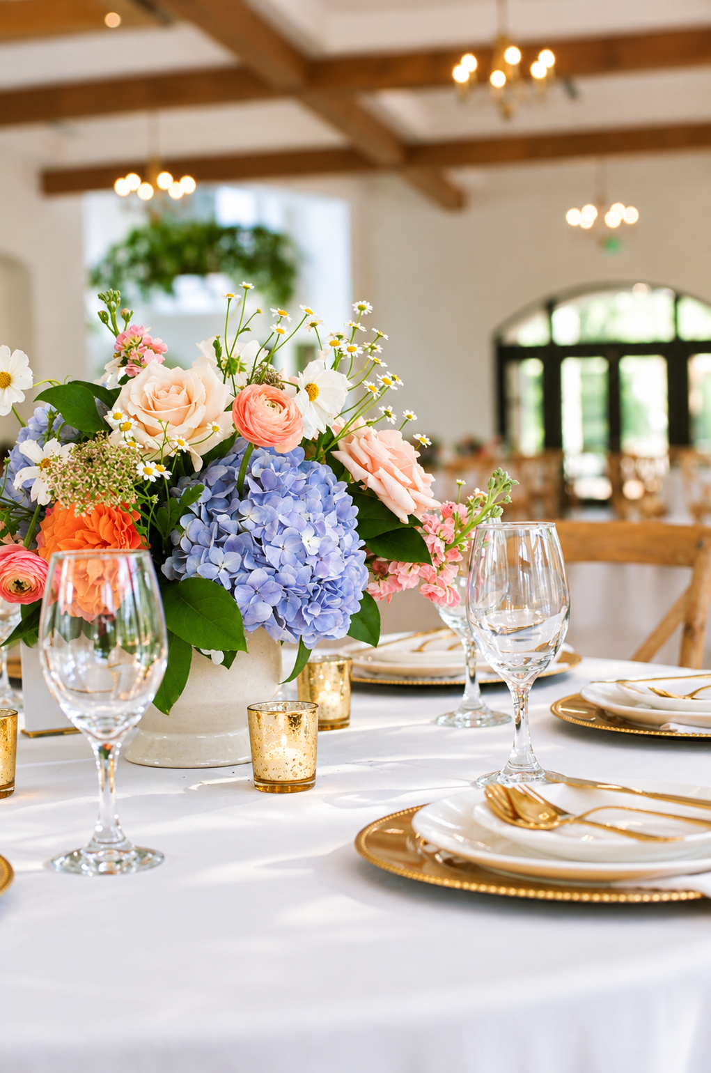 Elegant wedding reception tables decorated with minimalist floral centerpieces featuring vibrant ranunculus, gerbera daisies and graceful calla lilies. The combination of gold charger plates, blush accents and fresh flowers creates a romantic atmosphere perfect for a modern wedding celebration.