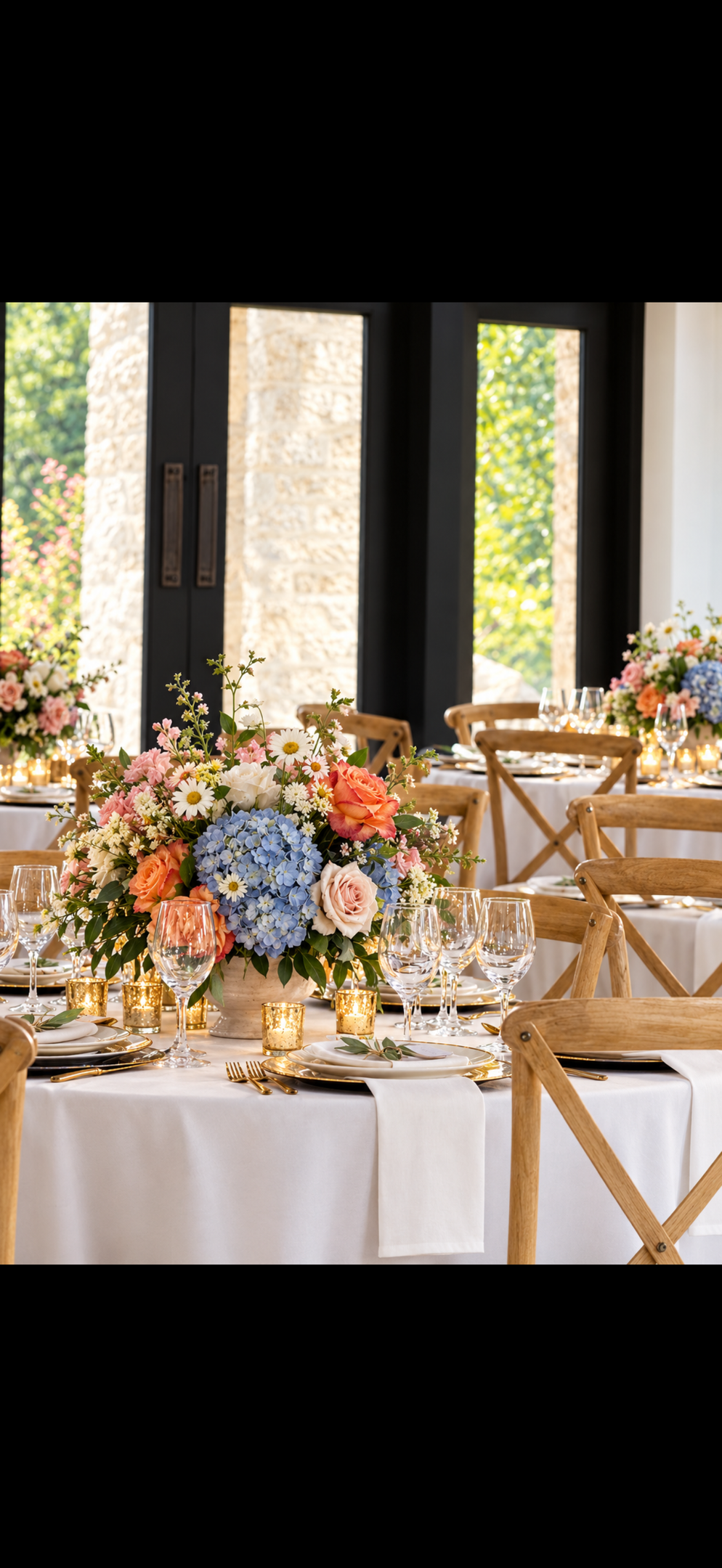 A wedding reception table is elegantly arranged with white wicker chairs, tall white candles, and delicate flower centerpieces in glass vases, soft tulle fabric draping over the tablecloth edge outdoors